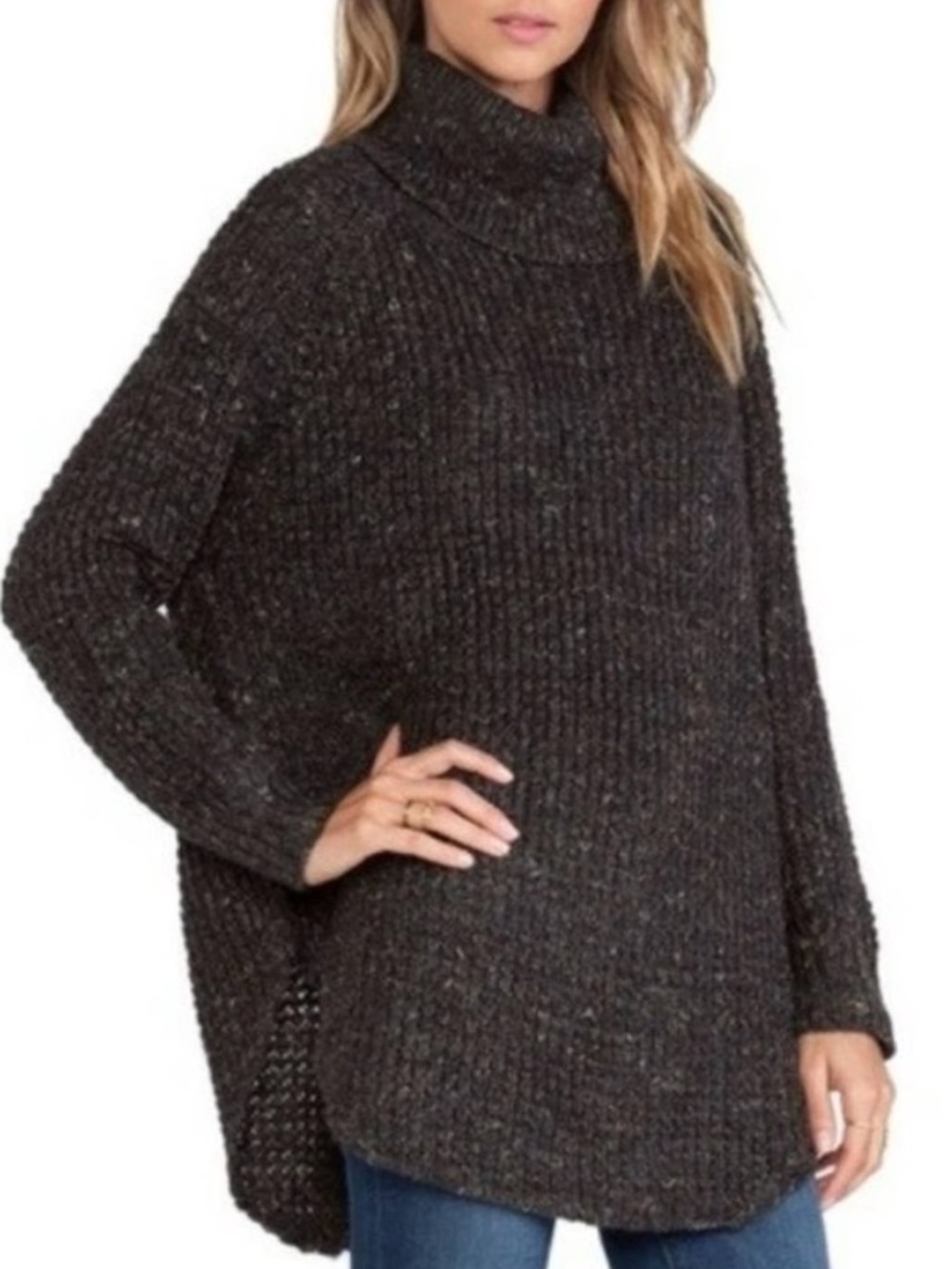 Free People XS Oversized Dylan Tweedy Longline Cowl Neck Tunic Sweater C